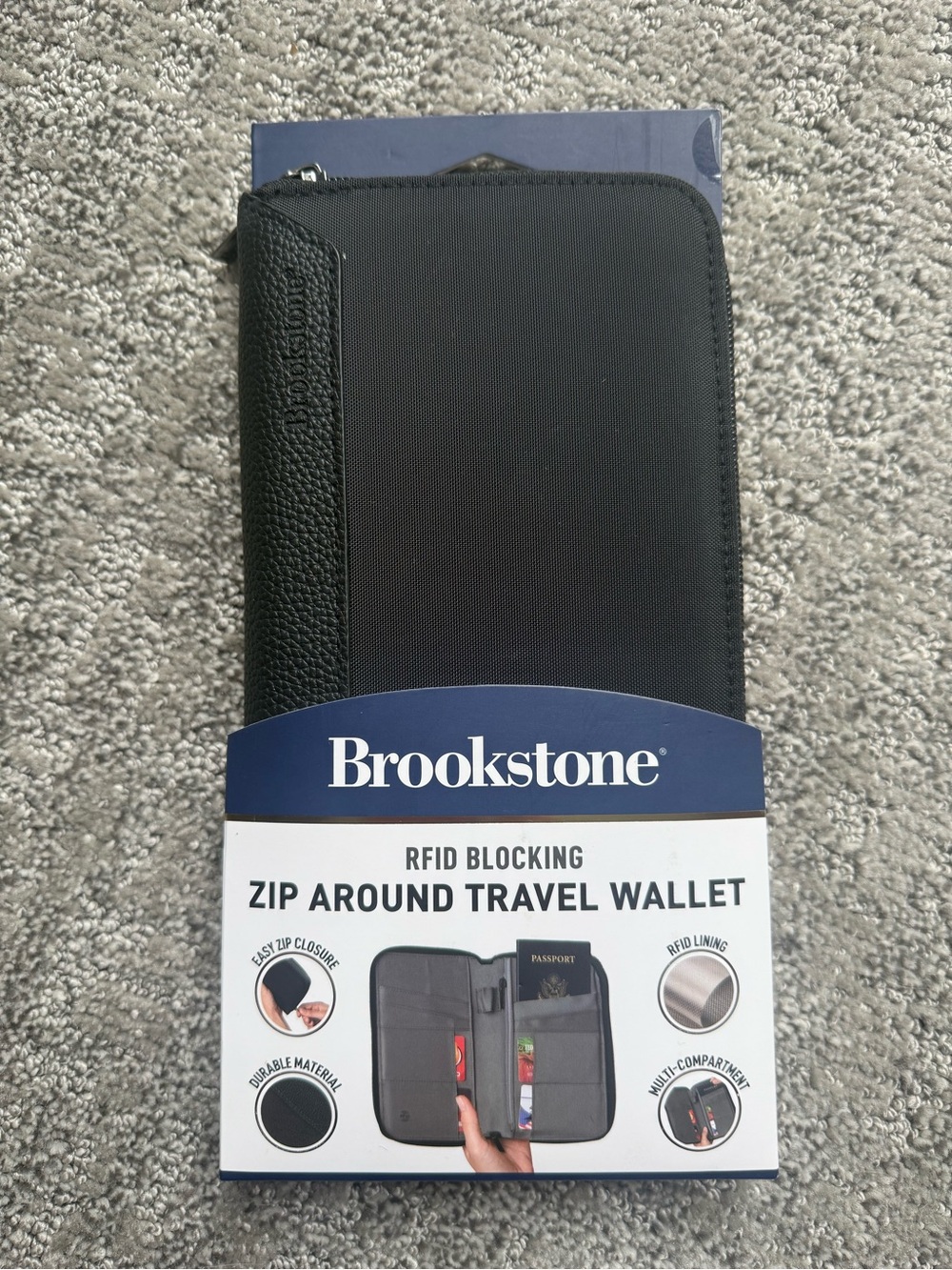 Brookstone Black RFID Zip-Around Travel Wallet